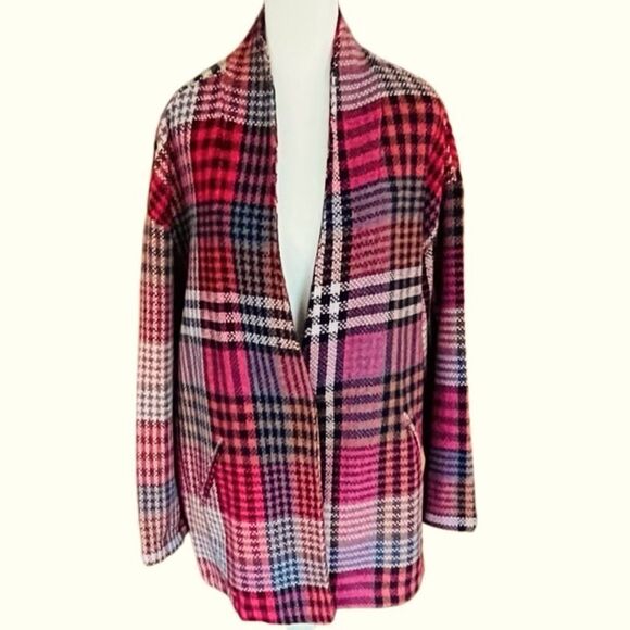 Rachel Zoe pink plaid tweed collarless snap front jacket size L. - Picture 1 of 8